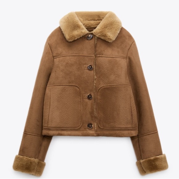 Zara Jackets & Blazers - Zara Tan Shearling-Trim Button Jacket